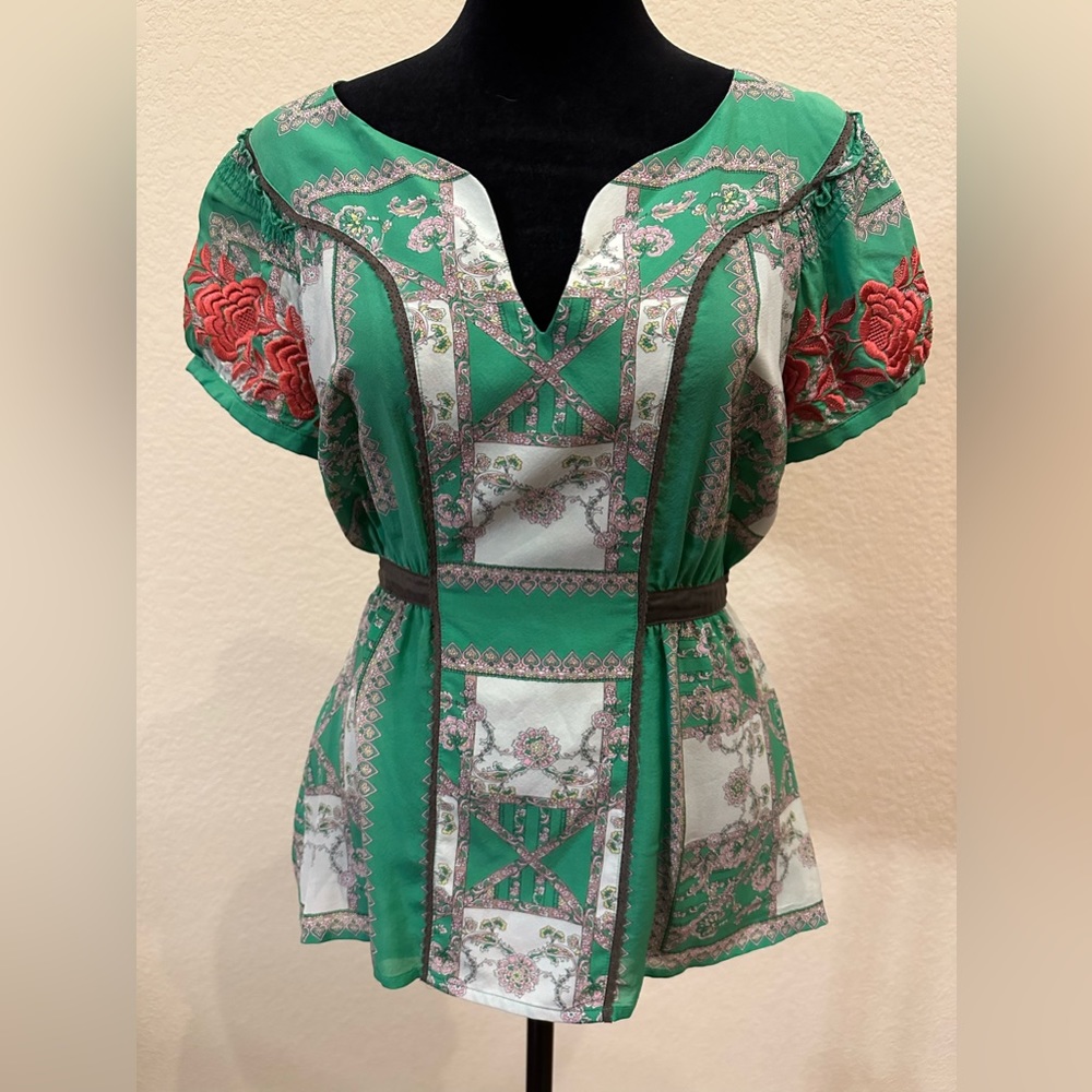 Anthropologie Floriat | Silk Embroidered Top | Size 8 | Multi-colors